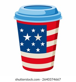 Disposable coffee cup United state flag style. Party paper cups, American flag cup, USA flag coffee cup. Vector illustration on a white background.