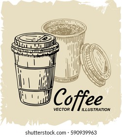 Disposable coffee cup. Vector illustration. Plastic coffee cup ans disposable cup for beverages on the old background. Vector illustration.