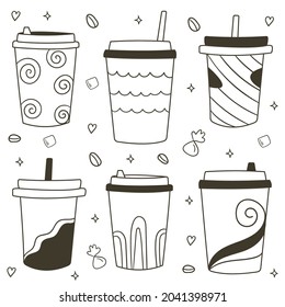 Disposable coffee cups collection. Coffee to go. Vector illustration