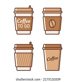 Disposable coffee cups collection. A set of different types of paper cups. Vector simple flat icons