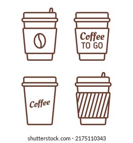 Colección de tazas de café desechables. Un conjunto de diferentes tipos de tazas de papel. Iconos de línea de vector