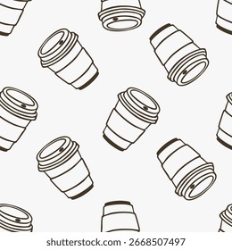 Copos de café descartáveis com tampas padrão sem costura. Ilustração do contorno sobre fundo branco. Conceito de bebida e café