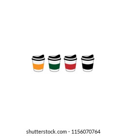 Disposable coffee cups vector icon, paper kraft cup with yellow, green, red and black color.