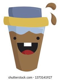 Um café descartável cheio de café com um desenho ou ilustração de cor de vetor de rosto sorridente 