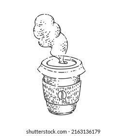 disposable coffee to go sketch hand drawn vector paper drink, takeaway hot latte, cfe mug vintage black line illustration