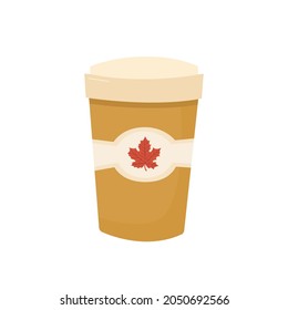 Disposable coffee paper cup with logo maple leaf. Vector flat illustration. 