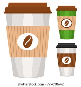 Disposable coffee tea cup isolated on white background poster. Junk food vector illustration for certificate banner sticker, badge sign, stamp, logo, icon label.