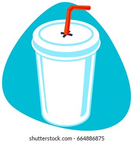 Disposable cup with cap and red straw. Isolated. On blue background.