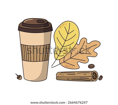 Disposable cup with coffee. Coffee bean, spices, cinnamon, cloves. Autumn leaves. Set of linear icons. Drawing, doodle.
