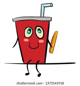 A disposable cup of cola with a blue straw placed inside it having a smiley face and holding a French fry vector color drawing or illustration 