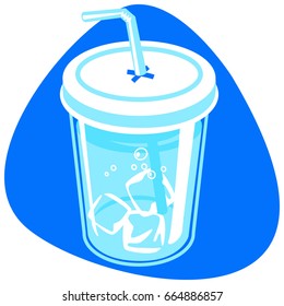 Disposable cup of cold clean water with ice and straw. Isolated. On blue background.