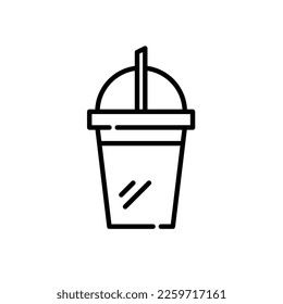 Einwegtasse für kaltes Getränk mit Stroh. Pixel perfektes, bearbeitbares Strichsymbol