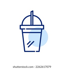 Disposable cup for cold drink with straw. Pixel perfect, editable stroke line icon