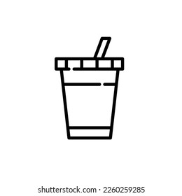 Disposable cup for cold tea, coffee or lemonade with straw. Pixel perfect, editable stroke icon