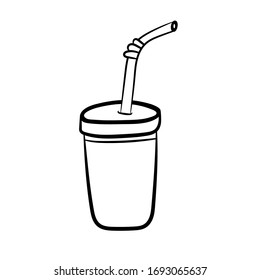 Disposable Cup with a drink. A simple sketch drawn by hand. Vector illustration in Doodle style. Isolated object on a white background 