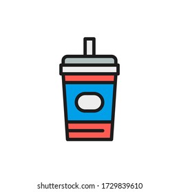 Disposable cup with drink, takeaway flat color line icon.