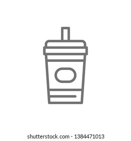 Disposable cup with drink, takeaway line icon.