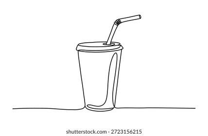 Einwegbecher mit Trinkhalm durchgehende einzeilige Zeichnung minimalistische Illustration Getränkebehälterdesign