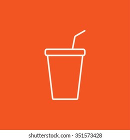 Disposable cup with drinking straw line icon for web, mobile and infographics. Vector white icon isolated on red background.