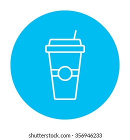 Disposable cup with drinking straw line icon for web, mobile and infographics. Vector white icon on the light blue circle isolated on white background.