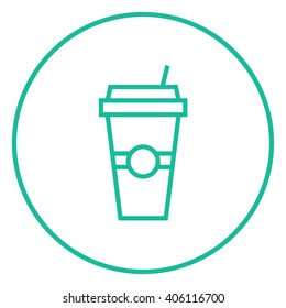 Disposable cup with drinking straw line icon.