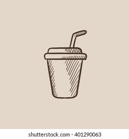 Disposable cup with drinking straw sketch icon.