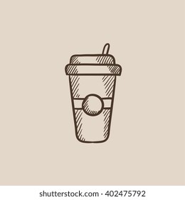 Disposable cup with drinking straw sketch icon.