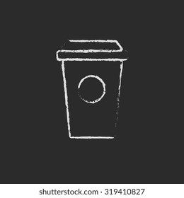 Disposable cup hand drawn in chalk on a blackboard vector white icon isolated on a black background.