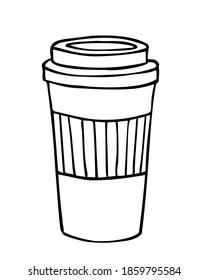 A disposable cup for hot drinks. Cup for coffee with lid.Contour drawing by hand, vector. 