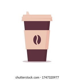 Disposable cup with a lid for coffee to go. Paper mug with coffee bean icon. Isolated vector illustration in flat style on white background