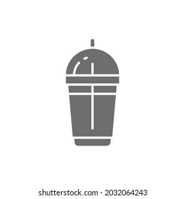 Disposable cup with milkshake, takeaway grey icon.