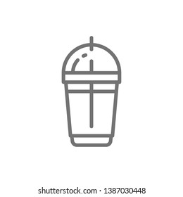 Disposable cup with milkshake, takeaway line icon.