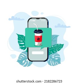 Disposable cup on mobile phone notification. Food fast delivery, beverage online shopping concept. Vector illustration.