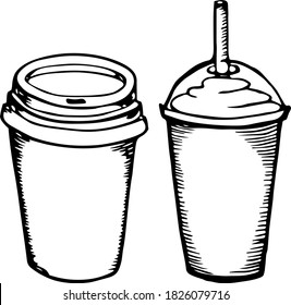 Disposable cup. Paper cup and Plastic cup of coffee, chocolate, cocoa, tea. Coffee to go. Vector doodle illustration. Hand drawing