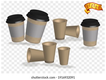 Disposable cup set for coffee templates to take home and editable for branding and labels. Realistic 3d design hot drink mug. The empty paper cup opens