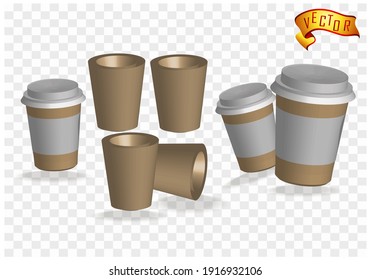 Disposable cup set for coffee templates to take home and editable for branding and labels. Realistic 3d design hot drink mug. The empty paper cup opens