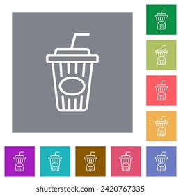 Disposable cup with straw outline flat icons on simple color square backgrounds