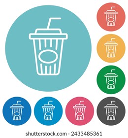 Disposable cup with straw outline flat white icons on round color backgrounds