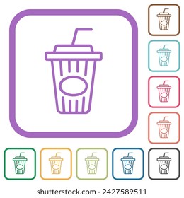 Disposable cup with straw outline simple icons in color rounded square frames on white background