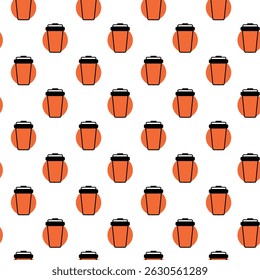 Tazas desechables contra el círculo naranja Icono minimalista Patrón sin fisuras Entrega Fondo de café