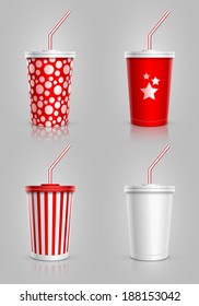 Disposable cups for beverages with straw collection. Vector illustration.