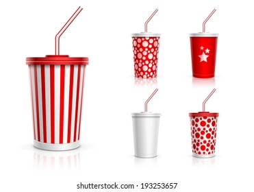 Disposable cups for beverages with straw collection. Vector illustration.