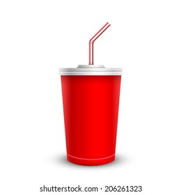 Disposable cups for beverages with straw collection. Vector illustration. 