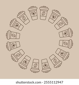 Disposable cups with coffee bean or decorative heart on label. Circle Frame in trendy pale brown