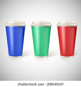 Disposable cups for coffee, closeup with multicolored labels. Vector for your design.