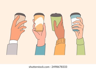 Disposable cups of coffee in hands of people who like to drink hot takeaway drinks while walking. Coffee and tea in plastic and paper containers, from street food store or coffeeshop