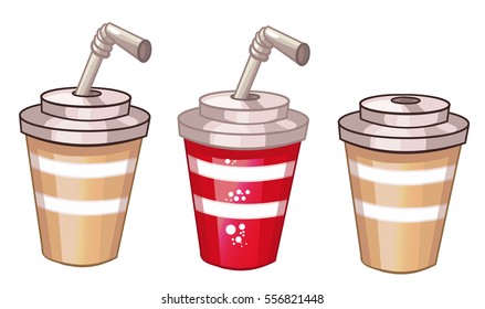 disposable cups cola, soft drinks, coffee set of cartoon vector illustration of fast food