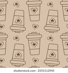 Disposable cups with hearts Outline Seamless Pattern in trendy monochrome soft brown Coffee Day fond