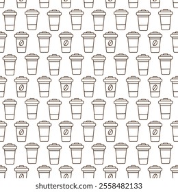 Disposable cups with lid and coffee bean on label in a trendy minimalistic. Coffee Day background