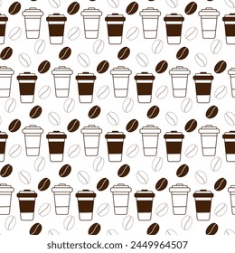 Disposable cups with lid and coffee beans Seamless pattern in trendy monochrome brown Coffee Day